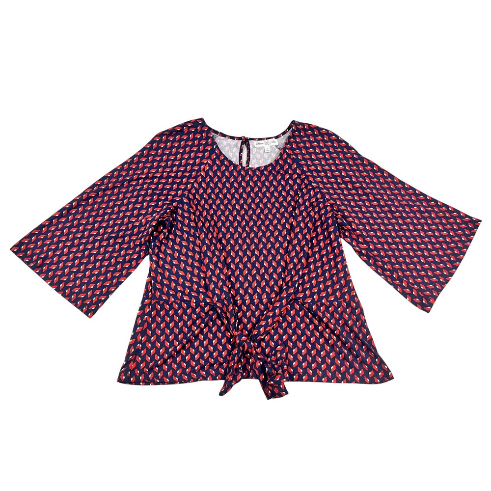 Stem & Vine Navy Red Geometric Diamond Tie Front Bell Sleeve Blouse Womens Large